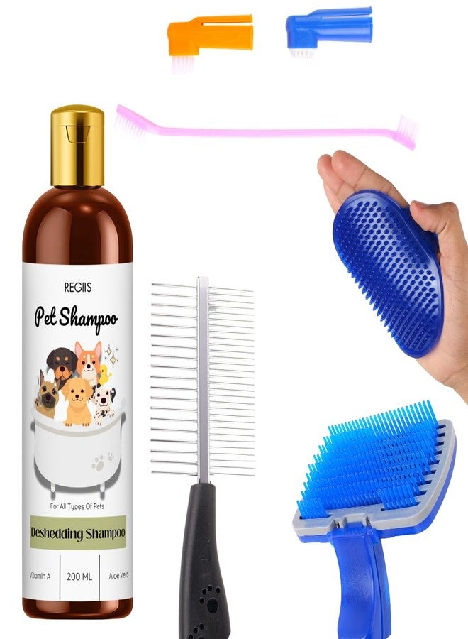 مجموعة العناية بالحيوانات الأليفة مع شامبو لإزالة الشعر الزائد، 200 مل، طقم فرشاة احترافية للكلاب، تركيبة الصبار وفيتامين أ (عبوة من 5 قطع) - Image 1